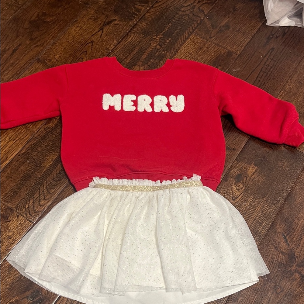 Red 'Merry' Sweatshirt and White Skirt Set